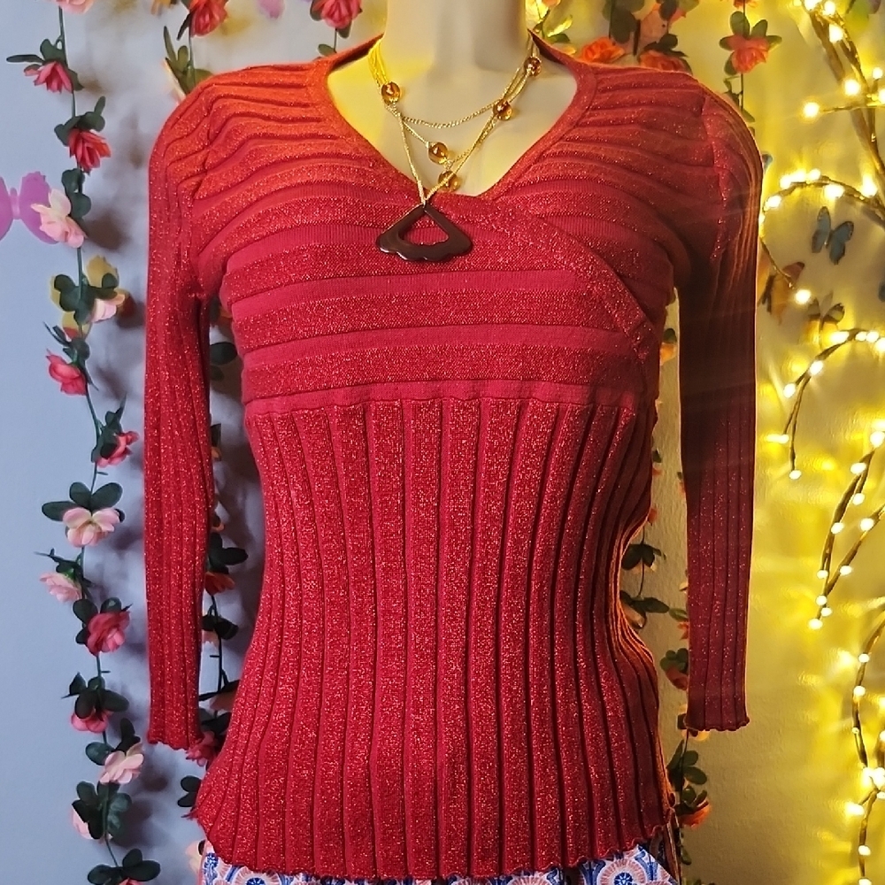 August Silk Red V-Neck Sweater with Ribbed Knit